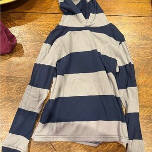J. Crew Kids Navy and Gray Striped Hooded Long Sleeve Top